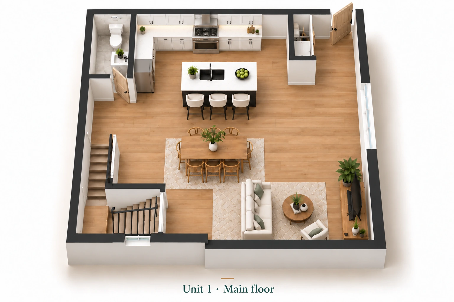 Unit 1 staged three-level floor plan with basement desk workspace and tan Berber carpet