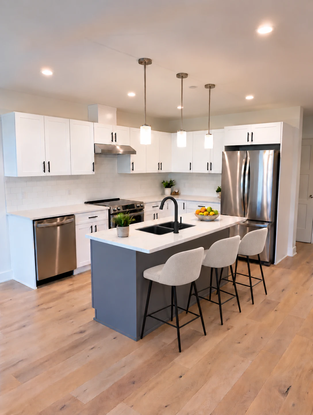 Kitchen rendering with black double sink and faucet, black cabinet hardware and three island stools